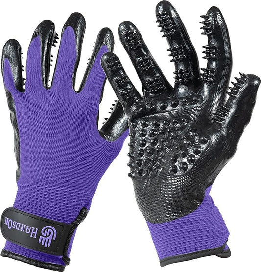 Pet Grooming Gloves - Patented #1 Ranked, Award Winning Shedding, Bathing, & Hair Remover Gloves - Gentle Brush for Cats, Dogs, and Horses (Purple, Medium)