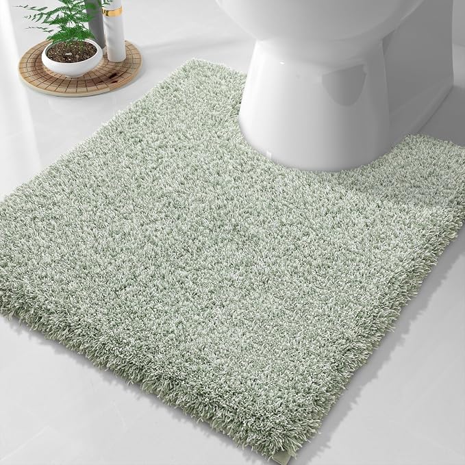 Yimobra Toilet Rugs U Shaped Washable 24X20, Ultra Soft and Water Absorbent Bath Mats, Non Slip Fluffy Shaggy Luxury Microfiber Contour Bath Rugs for Toilet, Dry Quick, Light Green and White