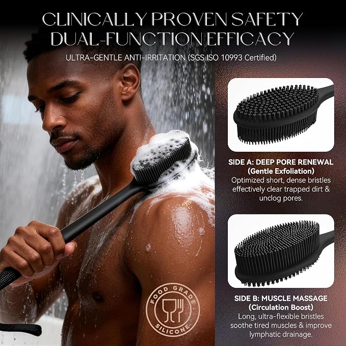 CORATED Silicone Back Scrubber for Shower, 2‑in‑1 Body Brush with Handle | Exfoliating Body Scrubber for Women & Men Daily Use, Loofah Alternative Bath Accessories