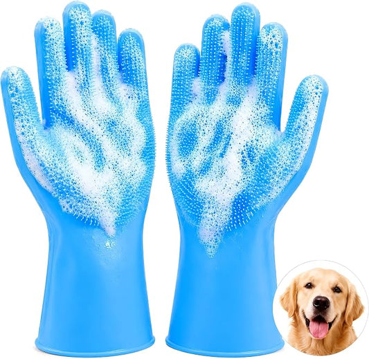 Pet Bath Glove – Silicone Grooming Gloves for Dogs&Cats (1pair blue) | 2-in-1Hair Removal,Massage&Bathing Mitt,with High-Density Teeth,Non-Slip&Heat Resistant.