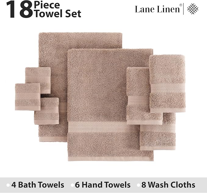 LANE LINEN Towel Set Quick Dry 100% Cotton 18 Piece Soft Absorbent - Taupe | Towels And Washcloths - Ring-Spun Durability, Terry Weave Comfort, Soft & Long-Lasting, Easy-Care