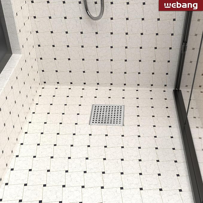 WEBANG 6 Inch Square Shower Drain Brushed Floor Drain with Flange Square Holes Pattern Cover Grate Removable SUS304 Stainless Steel Watermark&CUPC Certified Brushed
