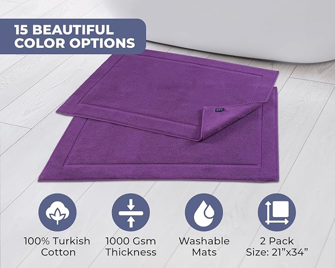 Hawmam Linen Purple Bath Mats, 21 x 34 inches, Pack of 2-100% Ring Spun Cotton,[Not a Bathroom Rug] Banded Design, Highly Absorbent, Machine Washable for Bathroom Floor Towel