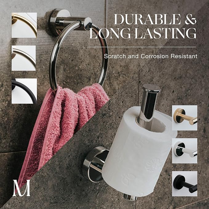 MARMOLUX ACC 2PCS Chrome Bathroom Hardware Set - Hand Towel Holder for Bathroom Wall & Toilet Paper Holder Wall Mount - Towel Holder Hanger Rack Stainless Steel Bathroom Set - Bathroom Towel Ring