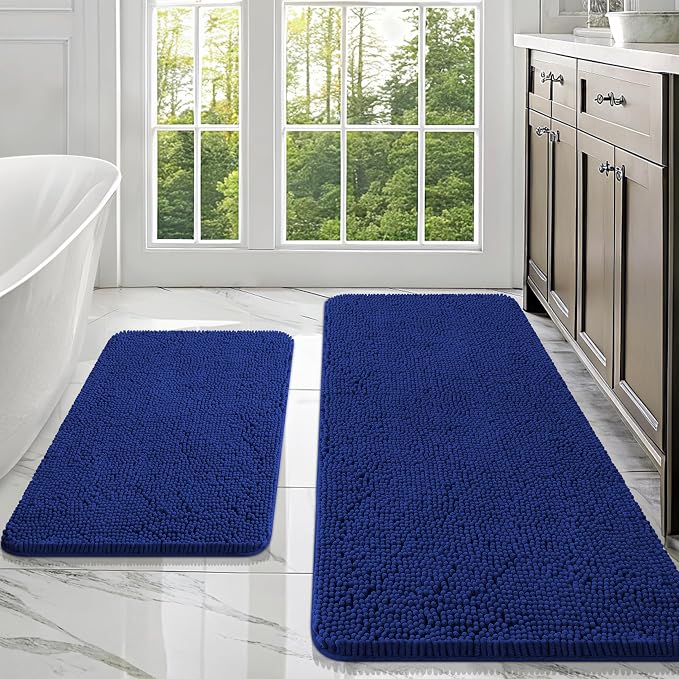 OLANLY Chenille Bathroom Rugs Mats Sets 2 Piece, 47"x20"+30"x20", Navy | Ultra Soft Absorbent Bath Rugs Set, Rubber Backing Non-Slip, Quick Dry, Machine Washable Bath Carpet, Home Decor Accessories