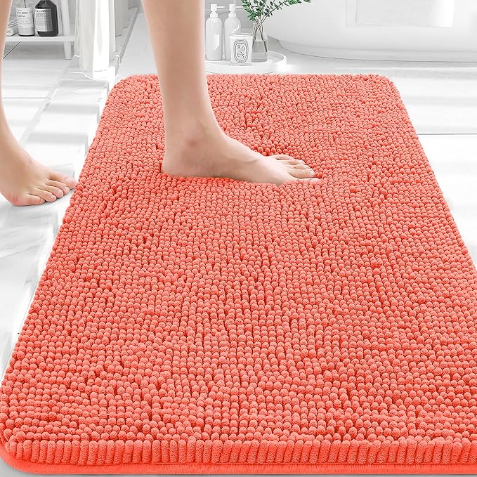 OLANLY Bathroom Rugs 36x24, Extra Soft Absorbent Chenille Bath Rugs | Coral, Quick-Drying Rubber Backing, Machine Washable Bath Mat for Bathroom Floor, Tub and Shower, Home Decor Accessories