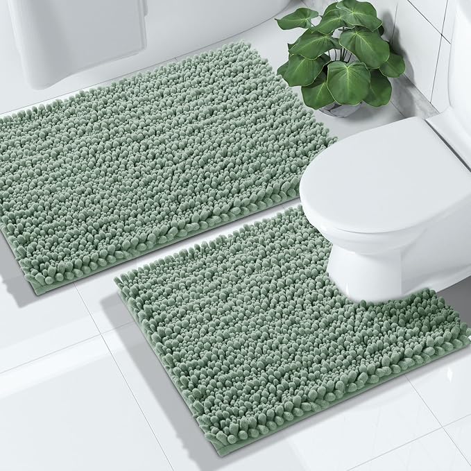 Yimobra Bathroom Rugs Sets 2 Piece - Quick Dry Extra Thick Luxury Chenille Bath Mat, Non Slip Super Absorbent for Tub Shower Sink, Machine Washable Shaggy Floor Mat, 24"x17+24"x20" Inch, Green