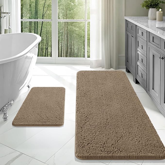 OLANLY Chenille Bathroom Rugs Mats Sets 2 Piece, 47"x20"+24"x16", Tan | Ultra Soft Absorbent Bath Rugs Set, Rubber Backing Non-Slip, Quick Dry, Machine Washable Bath Carpet, Home Decor Accessories