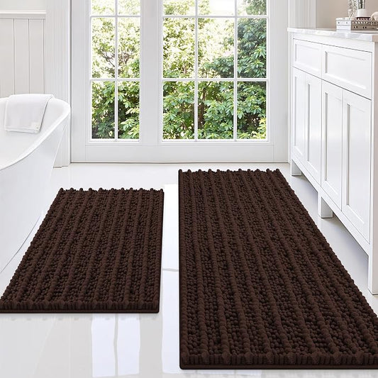 Smiry Bathroom Rugs Sets 2 Piece (47x20+24x16), Extra Soft Bath Mats | Brown Soft Absorbent, Rubber Backing Machine Washable Quick Dry Chenille Bath Rug Set for Tub, Shower, and Floor