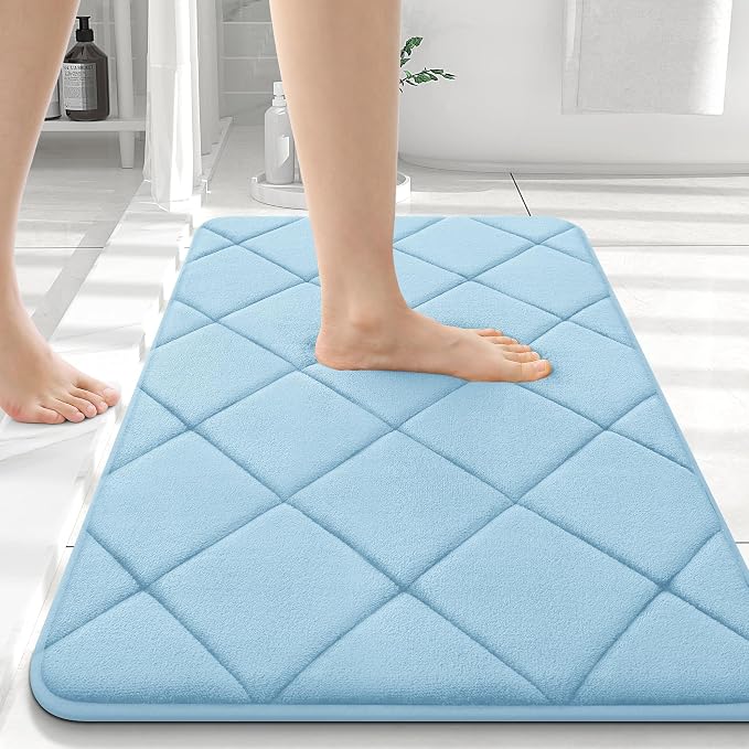 OLANLY Memory Foam Bath Mat 36x24, Ultra Soft and Absorbent Bathroom Rugs | Sky Blue, Quick Dry, Machine Washable Shower Bath Rugs, Comfortable Bath Carpet for Bathroom Floor, Tub and Shower