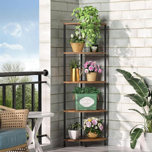 Corner Plant Stand Shelf, 5 Tier Tall Shelf Plant Stand for Indoor Plants, Rustic Brown Corner Bookshelf Wall Decor Living Room, 44.1" Display Shelf for Bedroom, Bathroom, Small Space