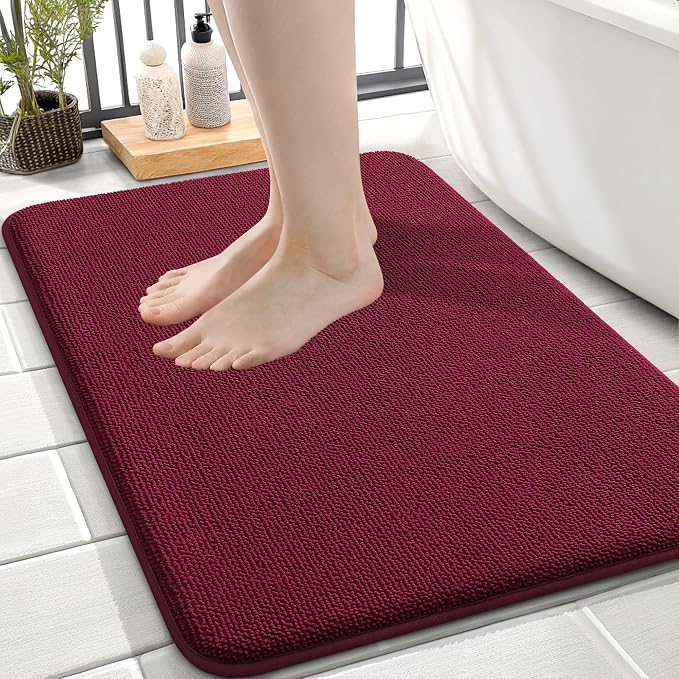 OLANLY Memory Foam Small Bathroom Rugs 24x16, Absorbent Bath Mat, Burgundy | Soft Quick Dry Bath Rugs, Non-Slip Carpet, Machine Washable Mat for Bathroom Floor, Tub and Shower, Home Decor Accessories