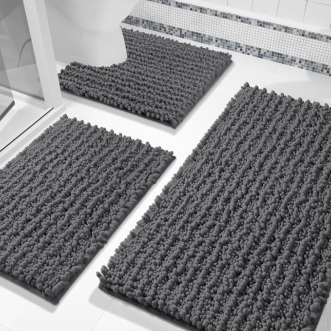 Yimobra Bathroom Rug Set 3 Piece, Super Absorbent Bath Mat Set, Dark Gray | Quick Dry Soft Chenille Bath Rugs & Toilet Rug, Non Slip Machine Washable, Extra Thick Shaggy Floor Mat for Shower Tub Sink