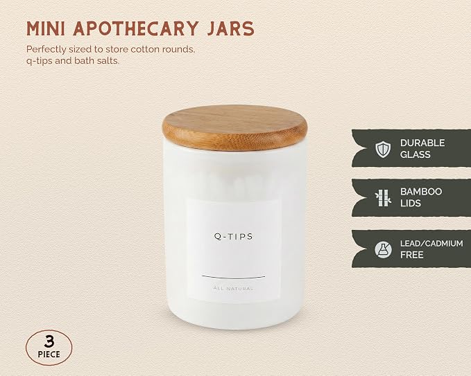 Mini Glass Apothecary Jars with Bamboo Lids, Small Bathroom and Kitchen Storage Containers, For Cotton Balls, Pads and Swabs, 10 oz, Set of 3, White