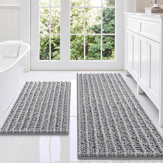 Smiry Bathroom Rugs Sets 2 Piece (47x20+24x16), Extra Soft Bath Mats | Grey Soft Absorbent, Rubber Backing Machine Washable Quick Dry Chenille Bath Rug Set for Tub, Shower, and Floor