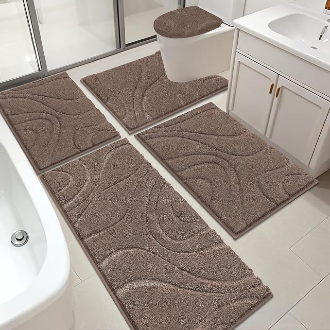 HEBE Bathroom Rugs Sets 5 Piece, Non Slip Washable Absorbent Bath Mat Set | Super Soft Plush Microfiber Bathroom Mats with Runner Set, Solid Bathmat with U-Shaped Toilet Rug Cover Set for Tub, Shower