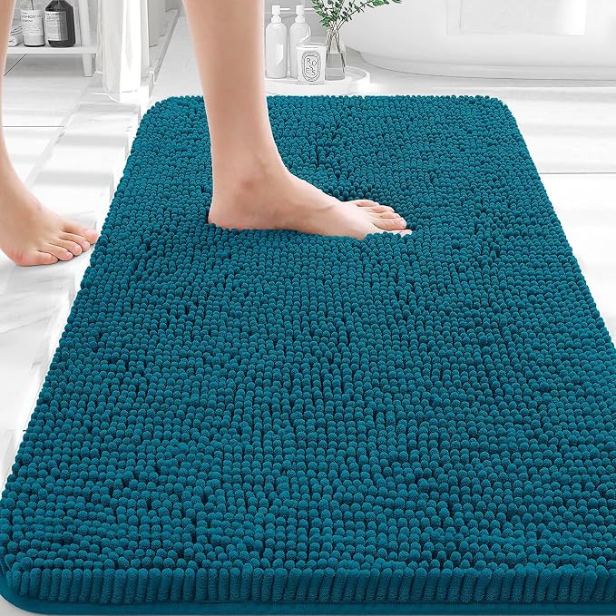 OLANLY Small Bathroom Rugs 30x18, Extra Soft Absorbent Chenille Bath Rugs | Peacock Blue, Quick-Drying Rubber Backing, Washable Bath Mat for Bathroom Floor, Tub and Shower, Home Decor Accessories