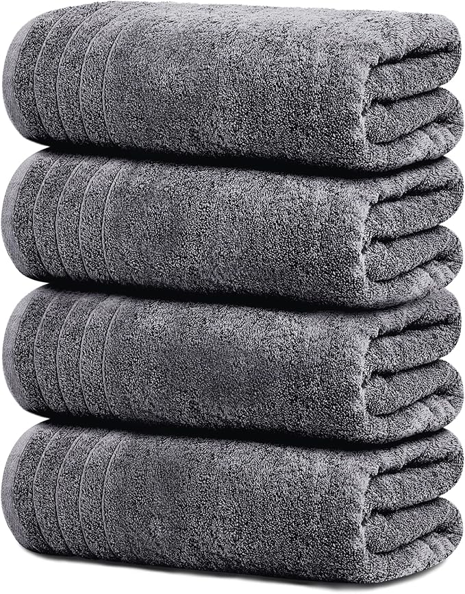 4 Piece Extra Large Bath Towels 30 x 60 Inches, Dark Grey | 100% Cotton, Larger & Lighter Weight, Quicker to Dry, Super Soft and Absorbent, Perfect for Bathroom