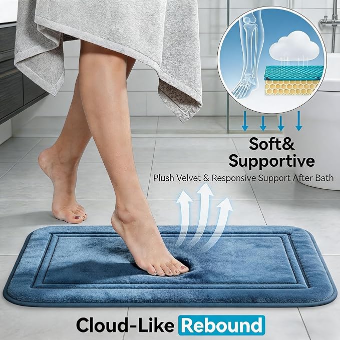 Bathroom Rugs Set 3 Piece Memory Foam, Bordered Toilet Rug, Dusty Blue | Coastal & Farmhouse Decor — Soft Dusty Blue bath mats, absorbent and washable, with a U-shaped toilet mat.