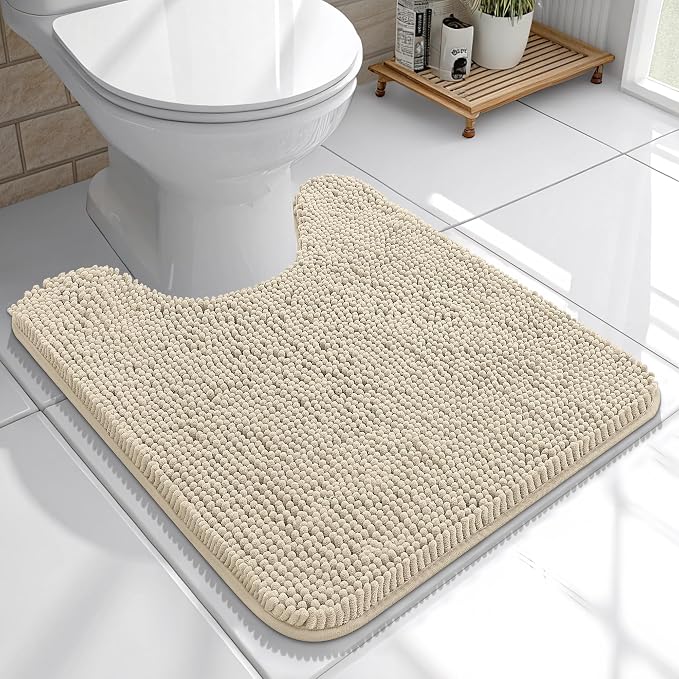 OLANLY Toilet Rugs U-Shaped 20x20, Soft Absorbent Chenille Contour Rugs | Sand, Quick-Drying Rubber Backing, Machine Washable Non-Slip Shaggy Bathroom Mat for Toilet, Home Decor Accessories
