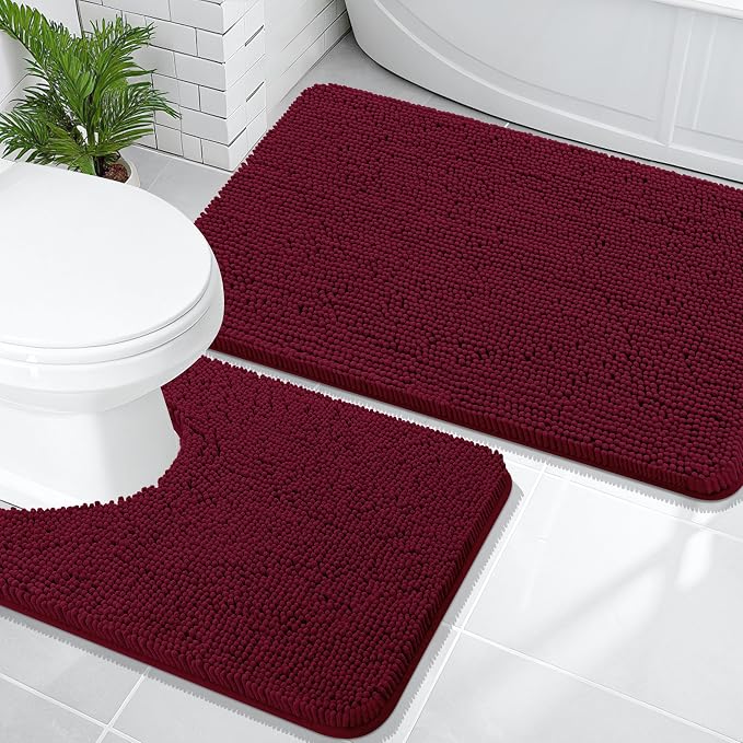 OLANLY Chenille Bathroom Rugs Mats Sets 2 Piece, 36"x24"+24"x20", Burgundy | Soft Absorbent Bath Mat and U-Shaped Contour Toilet Rug Set, Quick Dry, Machine Washable Bath Carpet, Home Decor Accessories
