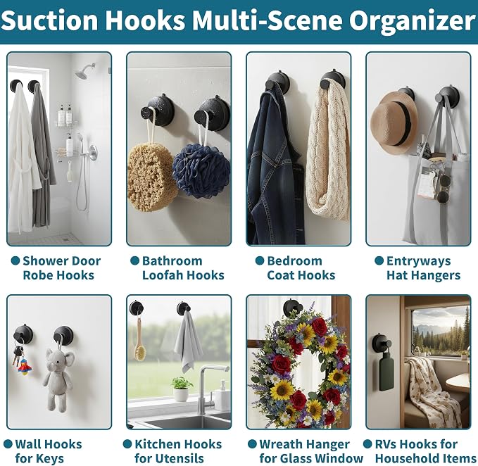 Suction Cup Hooks for Shower Heavy Duty, Black Towel Hangers for Bathrooms/Shower/Door/Glass Window/Tile, Hooks for Walls No Damage Hanging Robe Bath/Loofah/Coat/Wreath - Removable, 2 Pack
