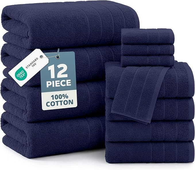 Casa Platino Bathroom Towel Set 12 Piece Soft Absorbent Quick Dry - Navy | Bath Towel Sets For Bathroom - Coordinated Colors, Dobby Border Accent, OEKO-TEX Certified, Ring-Spun Durability