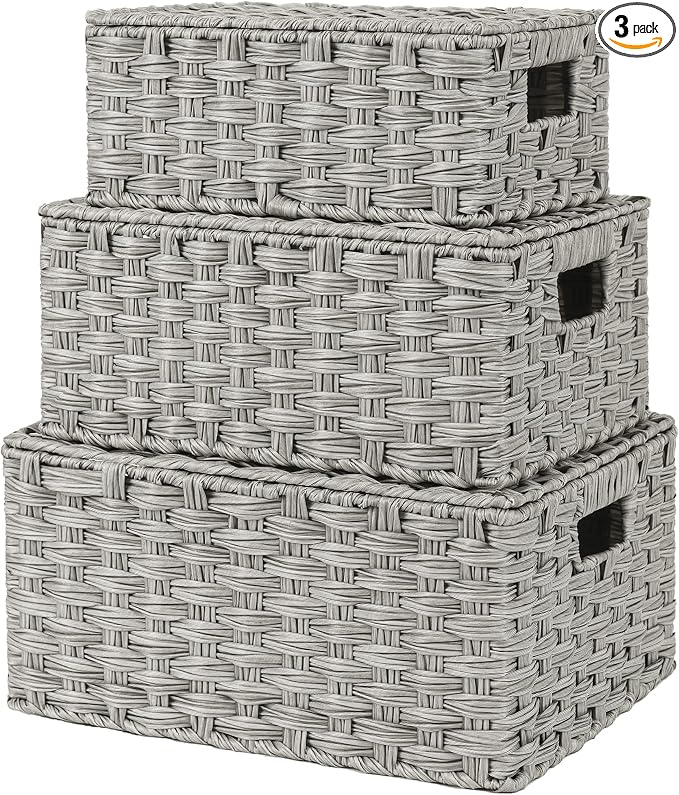 GRANNY SAYS Wicker Storage Baskets, Decorative Boxes with Lids, Set of 3 Nesting Wicker Baskets for Organizing, Gray, 3-Pack