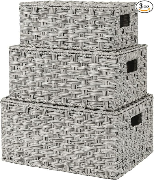 GRANNY SAYS Wicker Storage Baskets, Decorative Boxes with Lids, Set of 3 Nesting Wicker Baskets for Organizing, Gray, 3-Pack