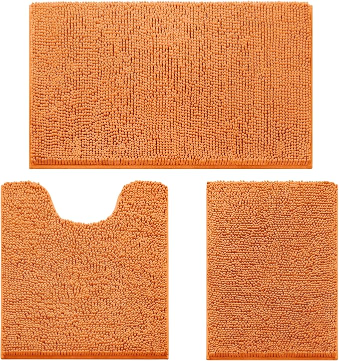 HOMEIDEAS Orange Chenille Bathroom Rugs Set of 3, Non Slip Bath Mat | Super Absorbent, Soft Microfiber, Machine Washable, Stain Resistant, for Bathroom Decor