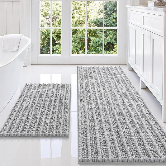 Smiry Bathroom Rugs Sets 2 Piece (47x20+30x20), Extra Soft Bath Mats | Light Grey Soft Absorbent, Rubber Backing Machine Washable Quick Dry Chenille Bath Rug Set for Tub, Shower, and Floor