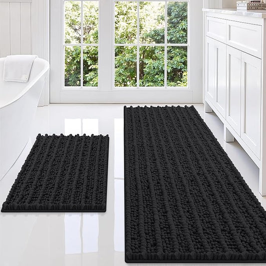 Smiry Bathroom Rugs Sets 2 Piece (49x20+30x20), Extra Soft Bath Mats | Black Soft Absorbent, Rubber Backing Machine Washable Quick Dry Chenille Bath Rug Set for Tub, Shower, and Floor
