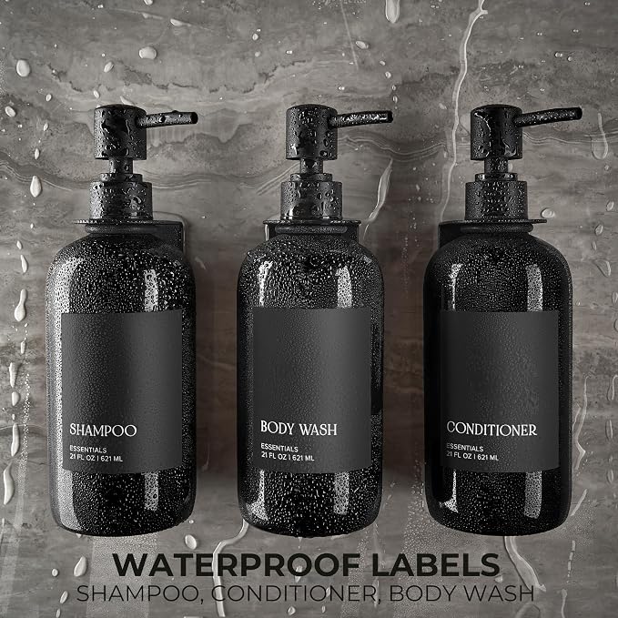 Stylish Shampoo & Conditioner Dispenser Set of 3 - Wall Mount, Drill Free | Modern 21oz Shower Soap Bottles with Labels - Easy Refill Body Wash Dispensers for an Instant Bathroom Decor Upgrade