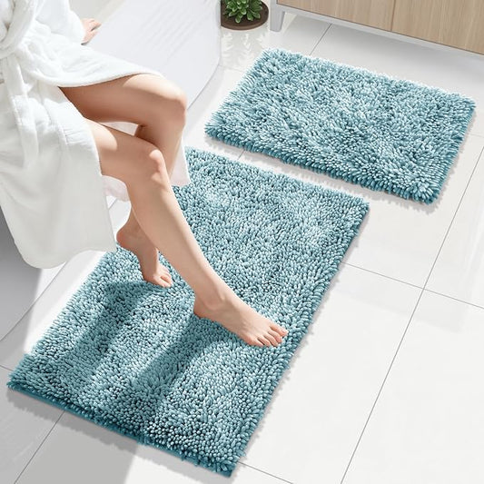 Yimobra Bathroom Rug Set 2 Piece, Luxury Shaggy Bath Mat Set with Non Slip Backing, Ultra Soft & Absorbent Mats for Bathroom Floor, Machine Washable, 31.5"x20"+24"x17", Grayish Blue