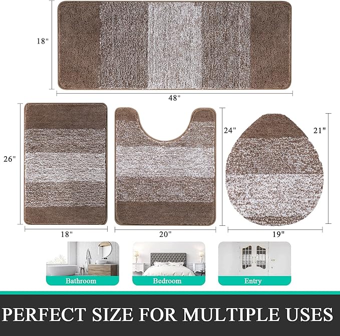 Bsmathom Bathroom Rug Set 4 Piece, Plush Microfiber Bath Mat, Coffee | Extra Water Absorbent, Non Slip Washable Runner Bath Rugs with Toilet Lid Cover and U-shaped Contour Toilet Mat