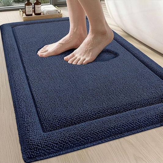 DEXI Memory Foam Bath Mat 32x20, Thick Chenille Bathroom Rug, Navy | Ultra Soft Absorbent, Non Slip Quick Dry, Cushion Plush Bath Carpet for Tub Shower, Sink