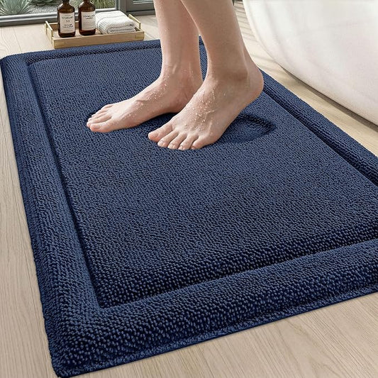 DEXI Memory Foam Bath Mat 36x24, Thick Chenille Bathroom Rug, Navy | Ultra Soft Absorbent, Non Slip Quick Dry, Cushion Plush Bath Carpet for Tub Shower, Sink