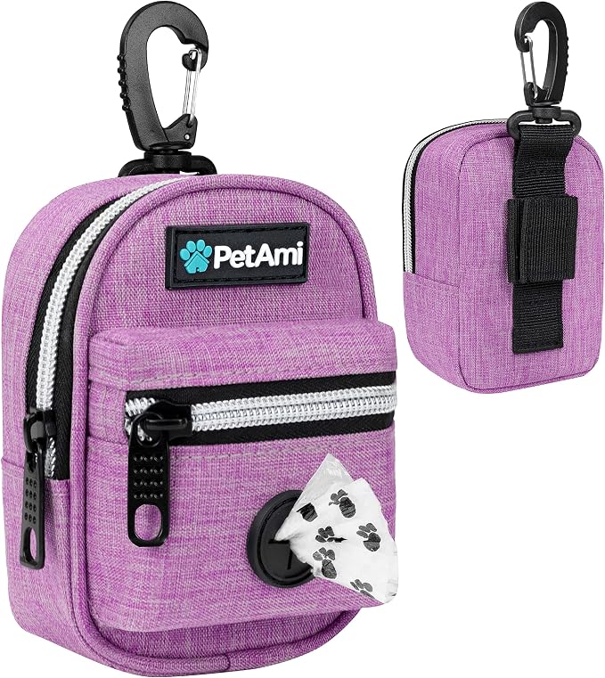 PetAmi Dog Poop Bag Holder for Leash, Waste Bag Dispenser Pet Pouch, Purple | Doggy Puppy Walking Accessories Travel Camping, Dog Treat Pouch Supplies Must Have, Doggie Poo, Jogging, Walks