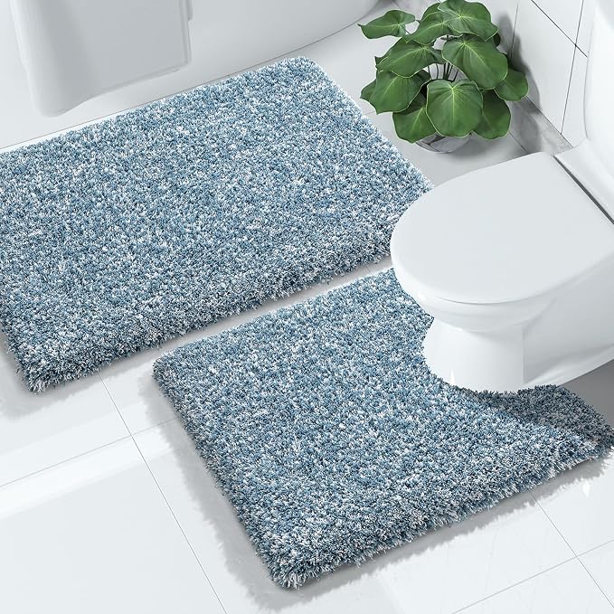 Yimobra Fluffy Bathroom Toilet Rug Set, 32x20+24x20, Denim Blue and White | Soft Absorbent Microfiber Bath Mat Set, Non Slip, Machine Washable Quick Dry, Plush Shaggy Shower Rugs for Bathroom Floor