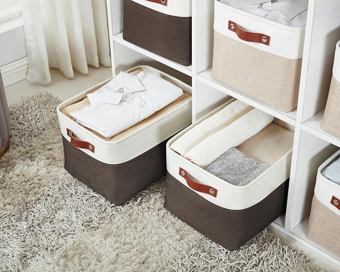 DECOMOMO Storage Bins, Extra Large Fabric Storage Baskets for Shelves, Decorative Linen Closet Organizer, 15.8 x 12.5 x 10 inches (Brown & White, 3 Pack)