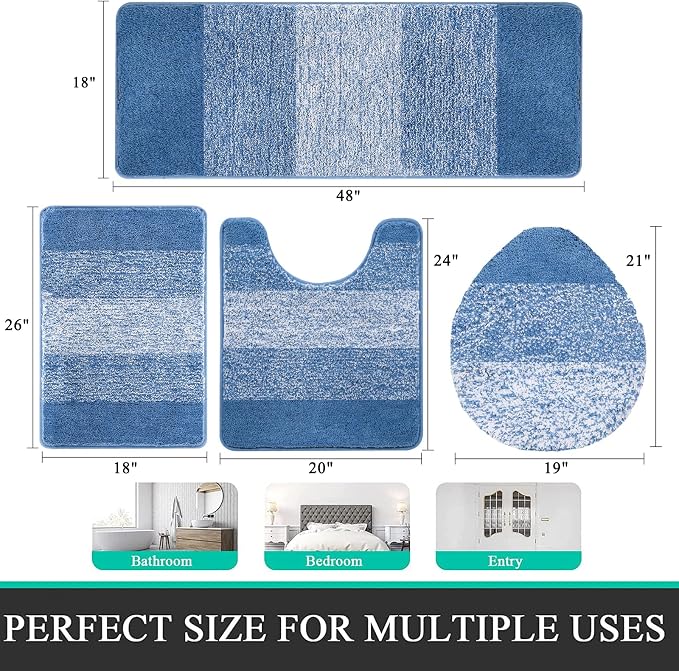 Bsmathom Bathroom Rug Set 4 Piece, Plush Microfiber Bath Mat, Blue | Extra Water Absorbent, Non Slip Washable Runner Bath Rugs with Toilet Lid Cover and U-shaped Contour Toilet Mat