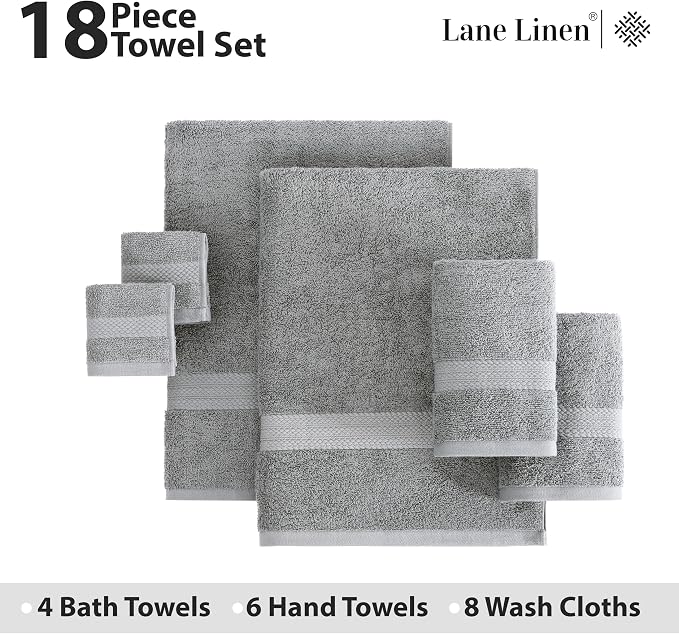 LANE LINEN Towel Set Soft Absorbent Quick Dry 100% Cotton 18 Piece - Grey | Cotton Bath Towels - Lightweight & Breathable, Fade-Resistant Color, Classic Terry Weave, Densely Woven & Durable