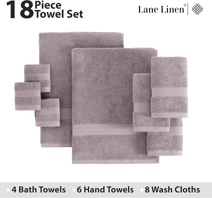 LANE LINEN Bath Towel Set 100% Cotton 18 Piece Soft Absorbent - Platinum | Cotton Towel Set - Densely Woven & Soft, Easy-Care, Coordinated Colors, OEKO-TEX Certified, Ring-Spun Durability