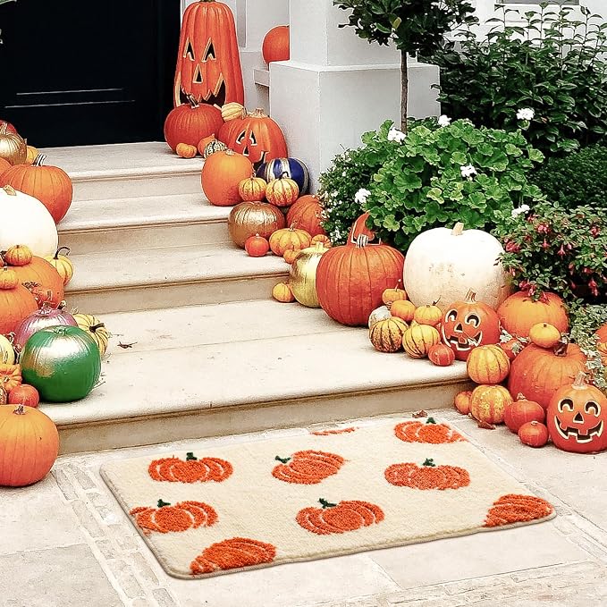 TRUEDAYS Beige Bathroom Rugs with Orange Pumpkins, Cute Bath Mat for Halloween and Thanksgiving, Soft Non Slip Farmhouse Mats Funny Indoor Rug Home Decor Fall and Autumn