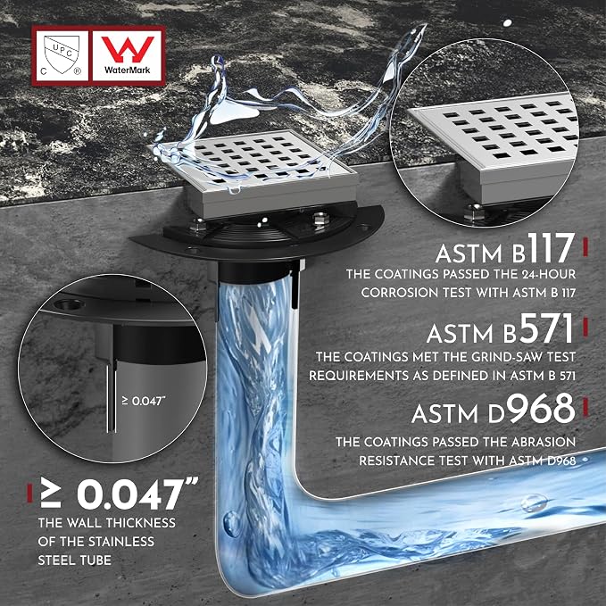WEBANG 4 Inch Square Shower Drain Brushed Floor Drain with Flange Square Holes Pattern Cover Grate Removable SUS304 Stainless Steel Watermark&CUPC Certified Brushed
