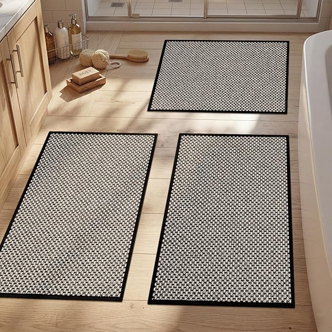 YIHOUSE Thin Bath Mat Black Bathroom Rugs Sets 3 Pieces, Non Slip Absorbent Bath Mats Quick Dry, Woven Braided Rugs Washable,Tapetes para Baño for Bathroom,Bathtub(17"x24"+17"x32"+17"x32")