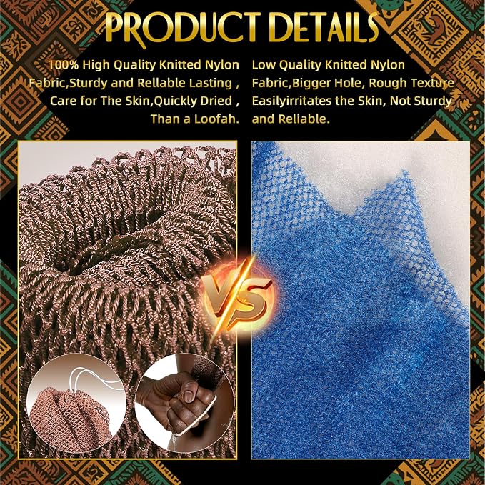 UJFQBH African Net Sponge Authentic, Exfoliating Body Scrubber for Back and Hard to Reach Areas, Gentle Daily Exfoliation for Deep Cleansing, Quick Drying Shower Essential, Rosewood 3 Pack
