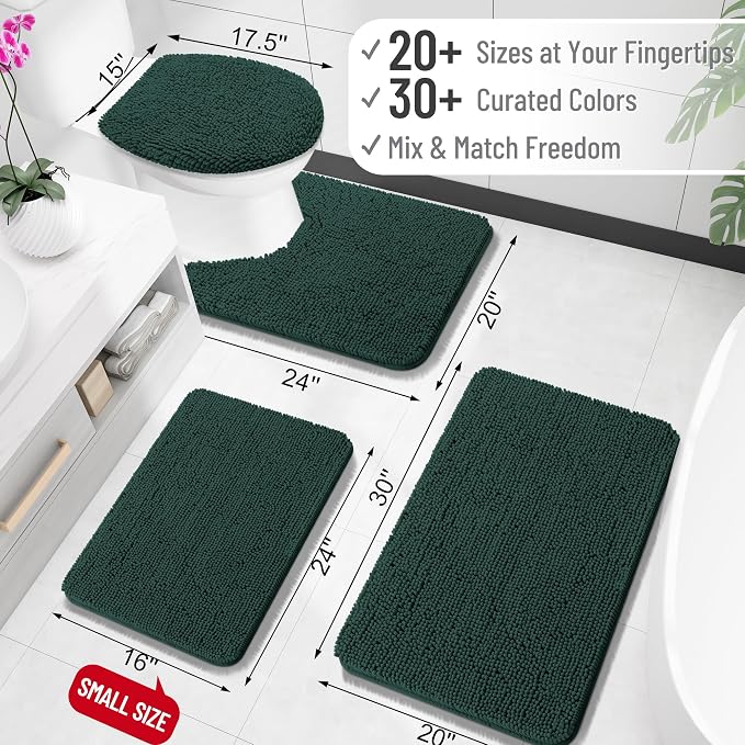 OLANLY Toilet Rugs U-Shaped 24x20, Soft Absorbent Chenille Contour Rugs | Blackish Green, Quick-Drying Rubber Backing, Machine Washable Non-Slip Shaggy Bathroom Mat for Toilet, Home Decor Accessories