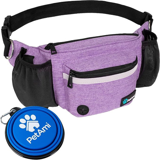 PetAmi Dog Fanny Pack, Treat Pouch for Dog Walking Training, Purple | Built in Poop Bag Dispenser, Water Bottle Holder, Collapsible Bowl, Pet Treat Waist Belt for Hiking Running Kibbles