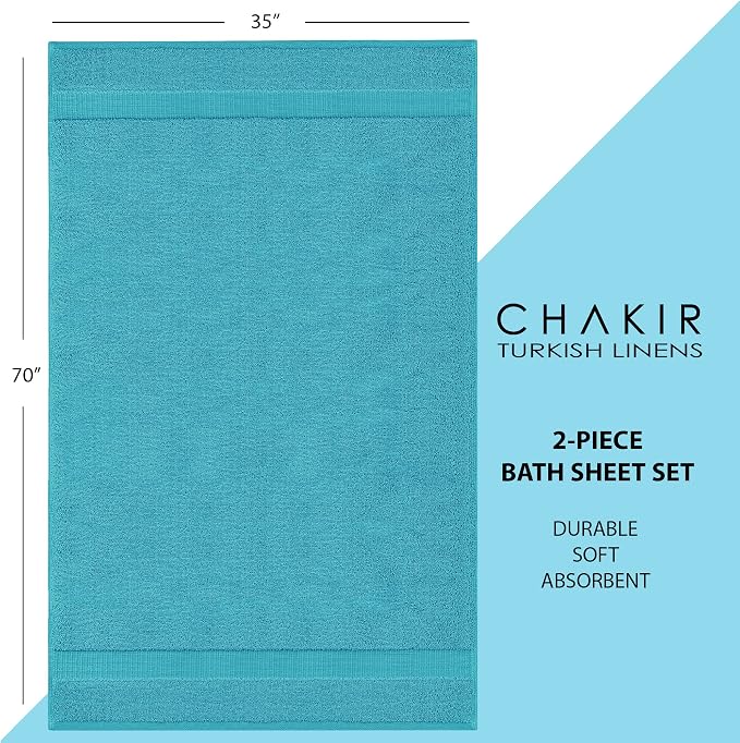 Chakir Turkish Linens 100% Cotton 2-Pack Bath Sheets 35x70, Aqua | 100% cotton bath sheets, 35x70 oversized, OEKO-TEX certified, soft plush and absorbent